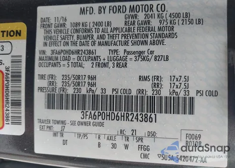 2017 Ford Fusion Se from USA, damaged, VIN 3FA6P0HD6HR243861